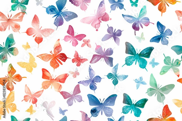 Fototapeta Vibrant seamless pattern with multicolored butterflies on a white background, perfect for spring and summer decor or fashion projects. Cheerful and lively, it adds a touch of whimsy and nature.