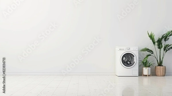 Fototapeta a modern laundry room interior, featuring a washing machine and dryer against a clean background, with a storage cabinet neatly organized for household supplies and gloves.
