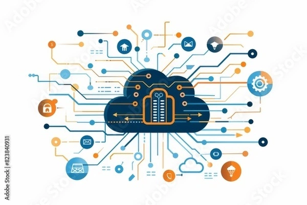 Fototapeta Comprehensive Cloud Computing Network Security Concept, Illustrated with Connected Devices and Icons
