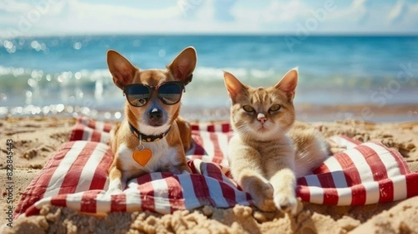 Fototapeta A dog and a cat are relaxing on the beach together. Animals lie on a red and white striped towel against the background of the ocean.