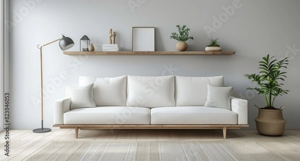 Fototapeta A white sofa and wooden shelf against a light gray wall in a living room with a floor lamp