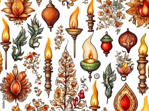 Fototapeta Festival of lights, candle decorative element in white background design.