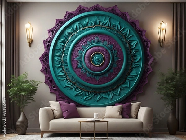 Obraz Tteal green and deep purple 3d mandala border frame wall, luxurious yet modern for any occasion use, ceiling wall interior, podium background wall interior, or exterior design