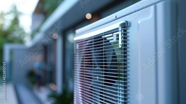 Fototapeta Close-up of a modern outdoor air conditioner unit installed on a building exterior, highlighting its grille and sleek design.