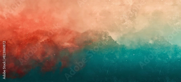 Fototapeta Digital grunge gradient background, texture with subtle grain, warm red fading into cool teal, abstract watercolor background with clouds