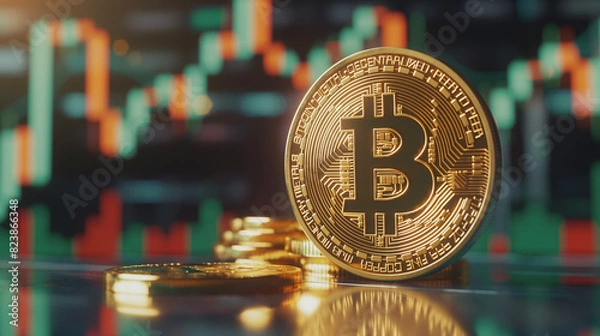 Fototapeta bitcoin with trading graph, financial investment concept can be use as background