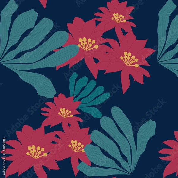Fototapeta Seamless pattern with leaves and red flowers