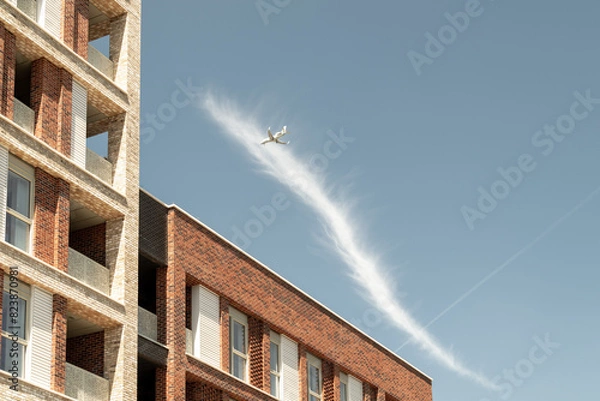 Obraz Airplane flying over newly built apartments