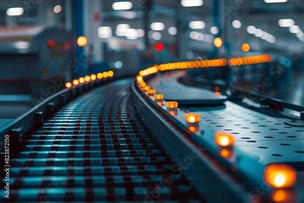 Fototapeta A closeup of automated conveyor belts transporting raw materials