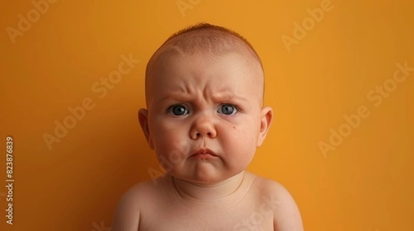 Fototapeta Baby with a frown stood alone against a soft pastel orange backdrop