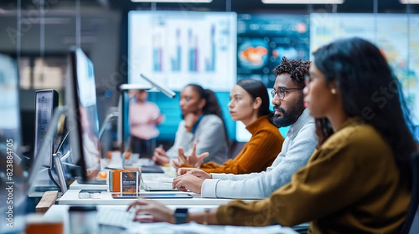 Fototapeta Photograph of moments in a modern office, a comfortable office with a team focused on a project, emphasizing the themes of inclusivity and teamwork to achieve goals