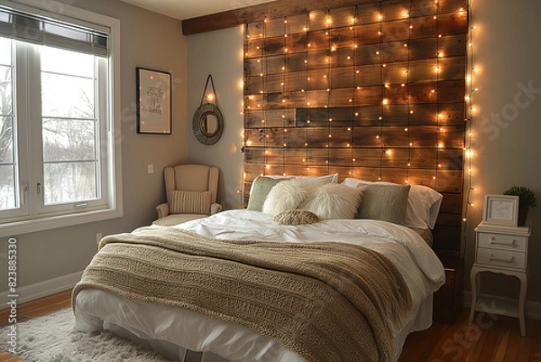 Fototapeta A bedroom featuring a DIY headboard made from reclaimed wood, with fairy lights draped over it, adding warmth and a cozy ambiance.