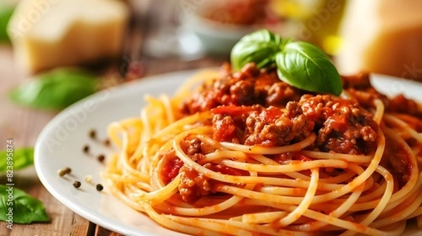 Fototapeta A plate of spaghetti Bolognese with meat sauce and fresh basil leaves.