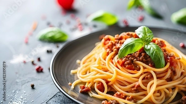 Fototapeta A plate of spaghetti Bolognese with meat sauce and fresh basil leaves.
