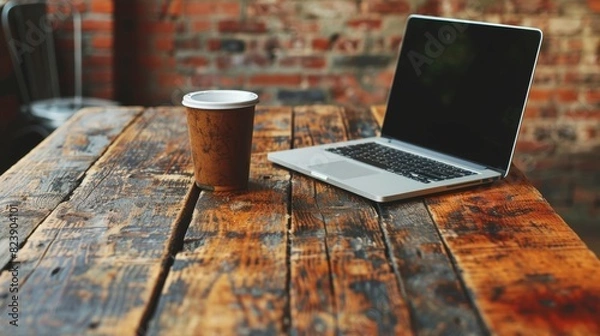 Fototapeta Modern workspace on a rustic wooden table featuring an open laptop and coffee cup, set against a trendy brick wall backdrop in a contemporary environment