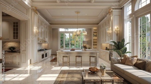 Fototapeta A large, open kitchen with a dining table and chairs