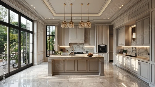 Fototapeta A large, open kitchen with a marble countertop and a large island