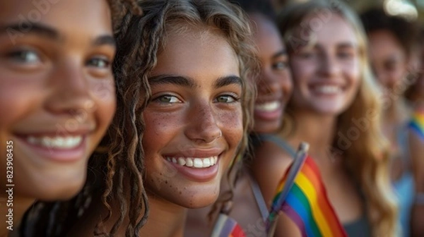 Obraz Ultra-realistic group photo of teens with rainbow flags, smiling and celebrating Pride Month at sunset