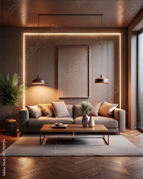 Fototapeta Mockup room, Mockup Frame A living room with a couch, coffee table, and vase