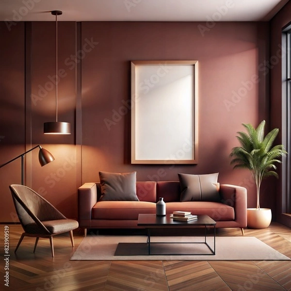 Obraz Mockup room, Mockup Frame A living room with a red couch, a coffee table, a potted plant, and a lamp