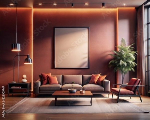 Fototapeta Mockup room, Mockup Frame A living room with a large white framed picture on the wall