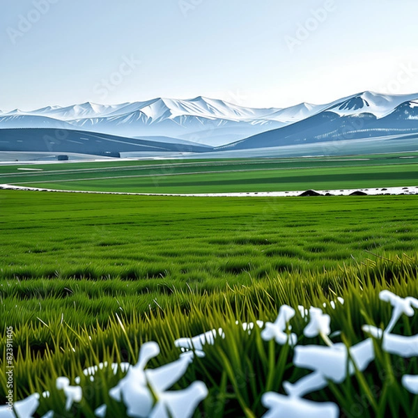 Fototapeta Avast meadow with a snowy mountain view. Generative AI