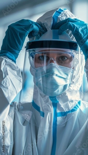 Fototapeta Healthcare Worker in Full Protective Suit Preparing for High-Risk Area Assignment