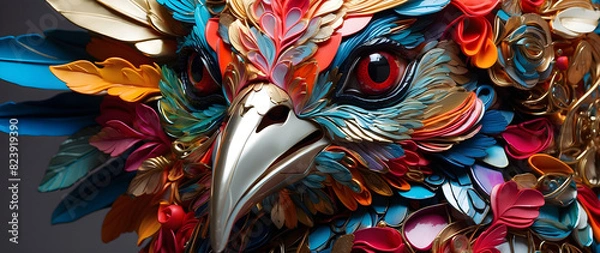 Fototapeta A colorful bird, a surreal blend of vibrant plastic and iridescent metal elements.