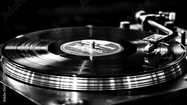 Obraz A detailed close-up of a vintage vinyl record player spinning a vinyl record, capturing the essence of classic music playback technology in striking black and white photography