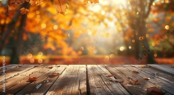 Fototapeta Autumn background with a wood table and blurred golden autumn forest in bokeh