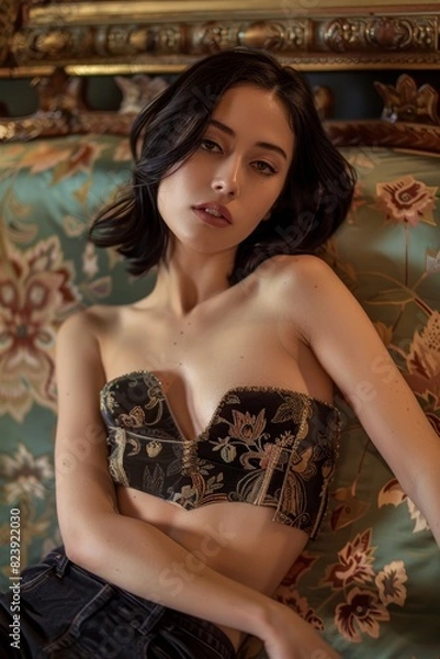 Fototapeta Elegant woman in a black embroidered bustier top reclining on a richly patterned blue sofa, exchanging a thoughtful, intimate gaze with the viewer