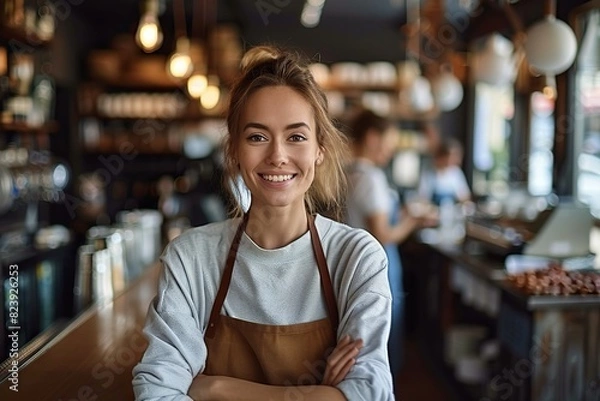 Fototapeta Work-Life Balance Smiling Businesswoman Enjoying a Break at a Bar Table with Her Laptop