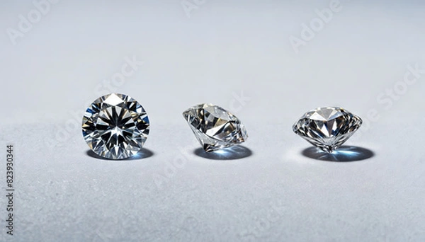 Fototapeta Three distinct diamonds are displayed on a plain white surface, showcasing their varying shapes and cuts