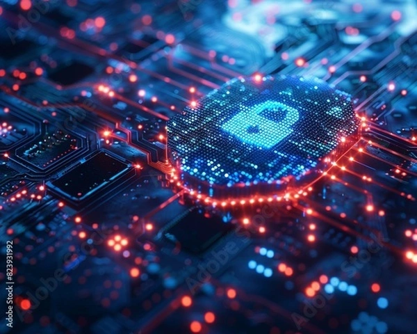 Fototapeta A glowing blue and red circuit board with a padlock symbol in the center.