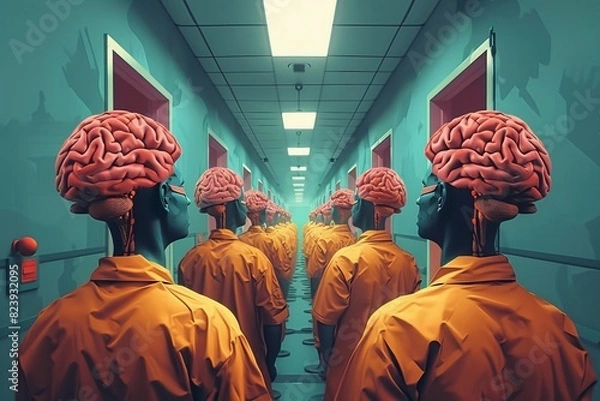 Fototapeta A group of people with brains for heads are wearing orange jumpsuits and standing in a hallway.