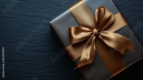 Fototapeta Elegant Gift Box Adorned with Gold Satin Ribbon, Top View on Dark Background with Ample Text Space