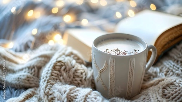 Fototapeta Cozy Night In Capture a mug of warm milk with a knitted