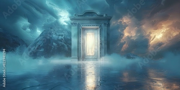 Fototapeta Symbolic Representation of a Person's Transition from Life to the Afterlife Through a Heavenly Door. Concept Life, Afterlife, Transition, Symbolism, Heavenly Door,