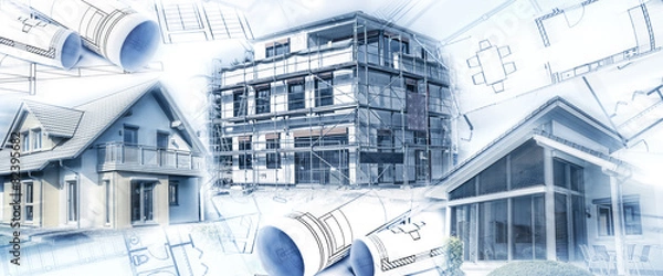 Fototapeta Nowe budynki w stanie surowym i planach konstrukcyjnych