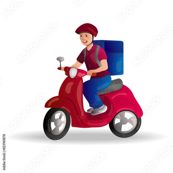 Fototapeta Food delivery service. A man on a scooter with a large bag on his back.