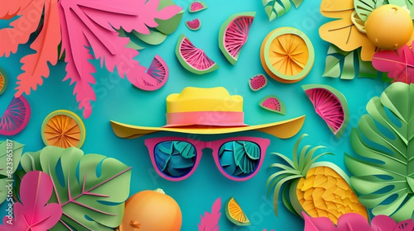 Fototapeta A colorful tropical scene with a hat and sunglasses on top of a blue background