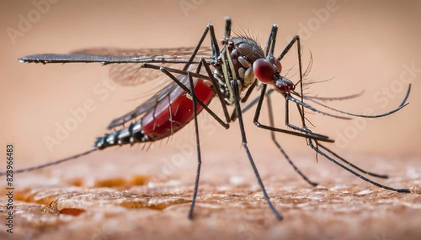 Fototapeta World Mosquito Day. macro photography of a mosquito. a mosquito bites a person. a mosquito with a belly full of blood