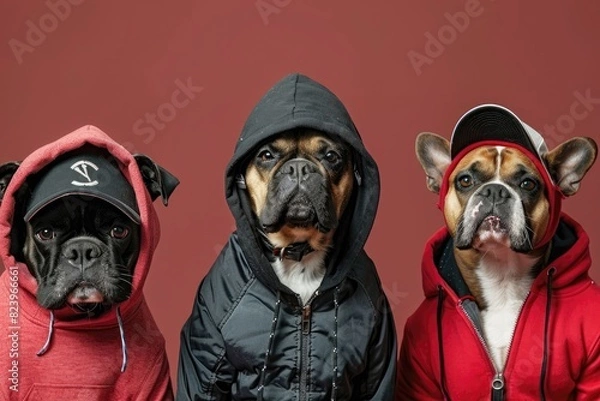 Fototapeta Dogs wearing urban streetwear, including hoodies and caps, posing casually against a solid burgundy background, with plenty of space in the composition.