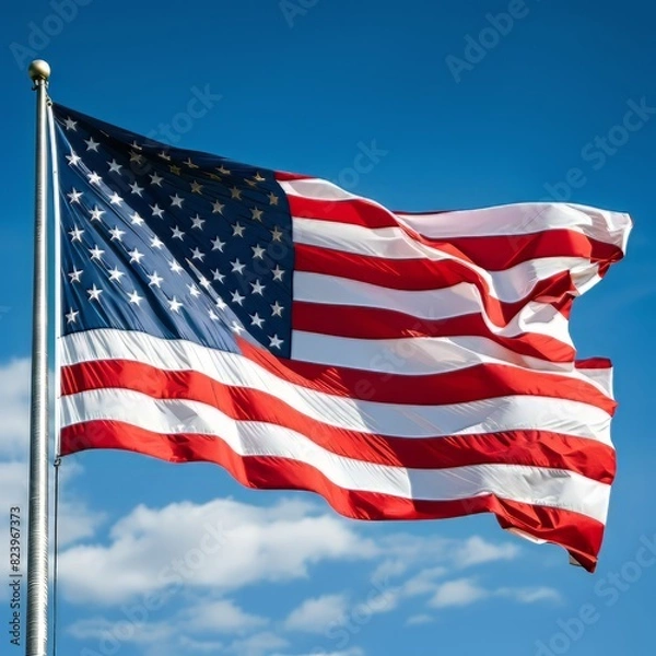 Fototapeta Waving American flag against a clear blue sky with a few clouds