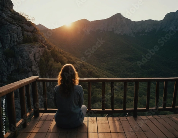 Obraz Woman Enjoying Mountain Sunrise from Wooden Deck