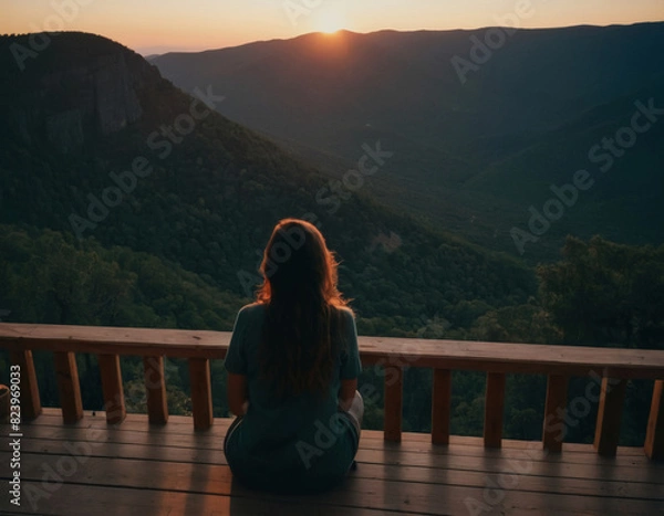 Obraz Woman Enjoying Mountain Sunset from Wooden Deck