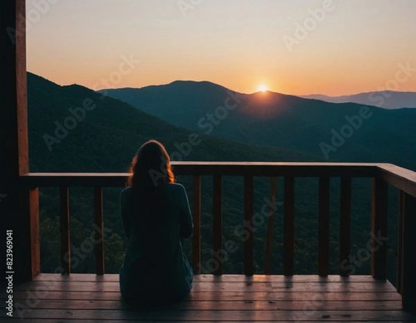 Obraz Woman Enjoying Mountain Sunset from Wooden Deck