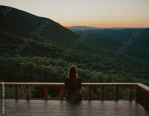 Obraz Woman Enjoying Mountain Sunset from Wooden Deck