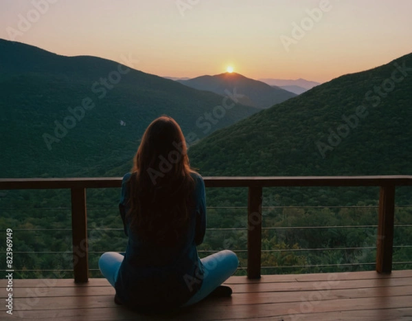 Obraz Woman Enjoying Mountain Sunset from Wooden Deck
