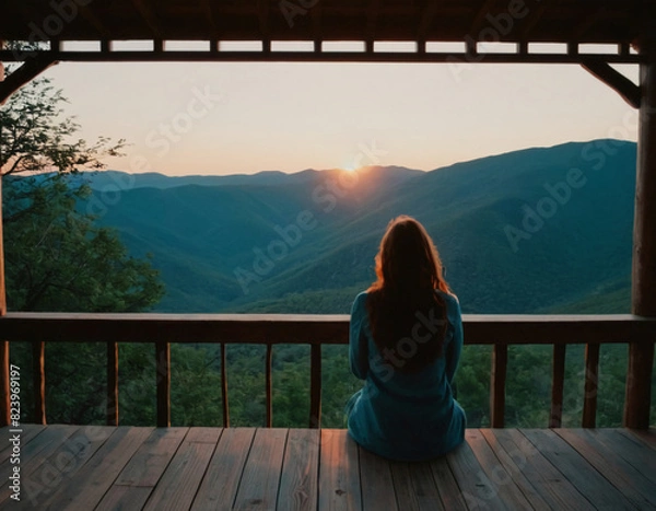 Obraz Woman Enjoying Mountain Sunset from Wooden Deck